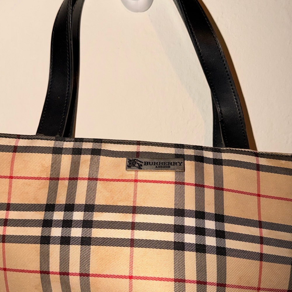 Burberry Beige Plaid Mini Tote with Black Leather Handles - Picture 3 of 13